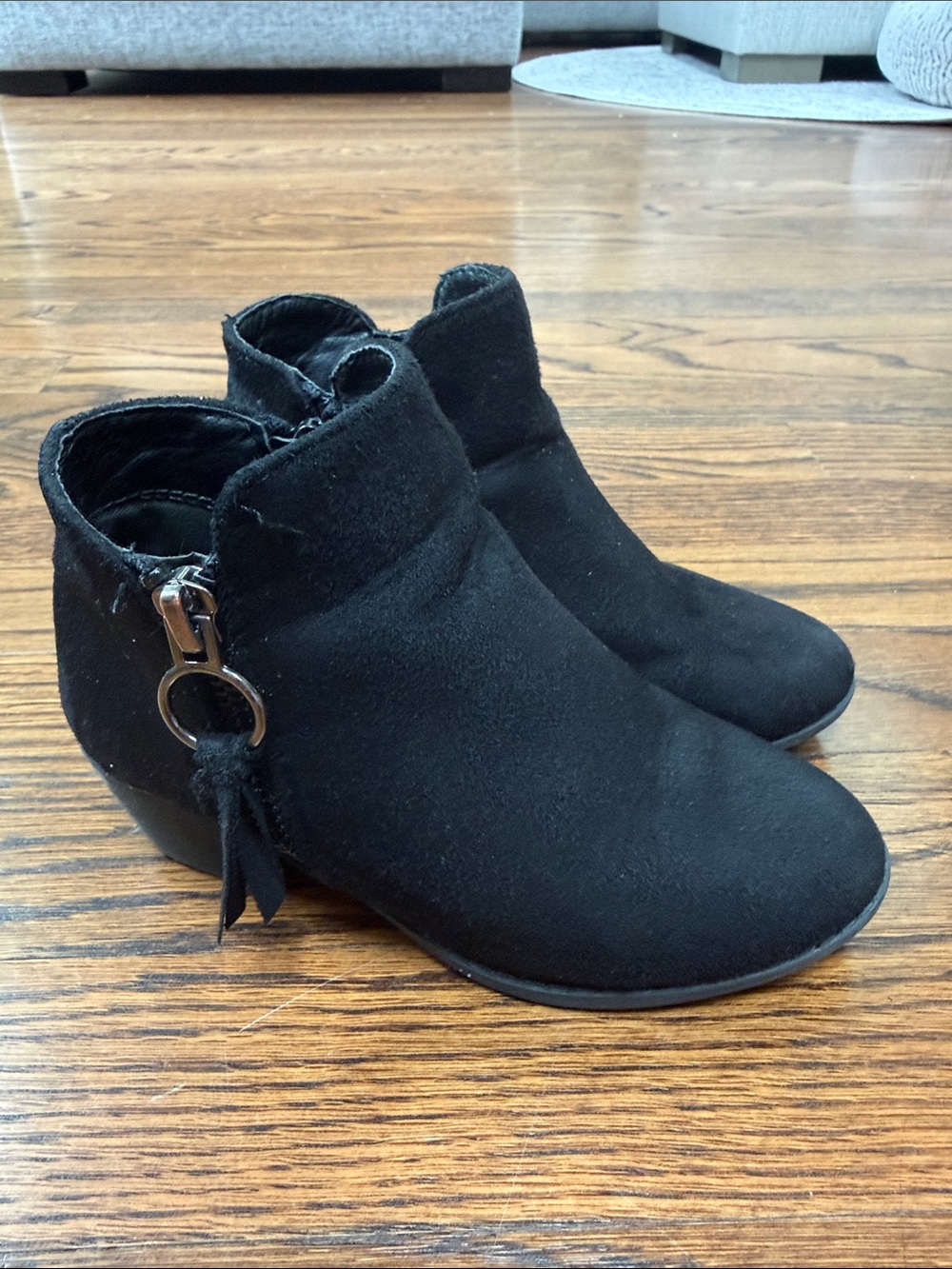 Kids Black Suede Ankle Boots with Decorative Ring Zipper